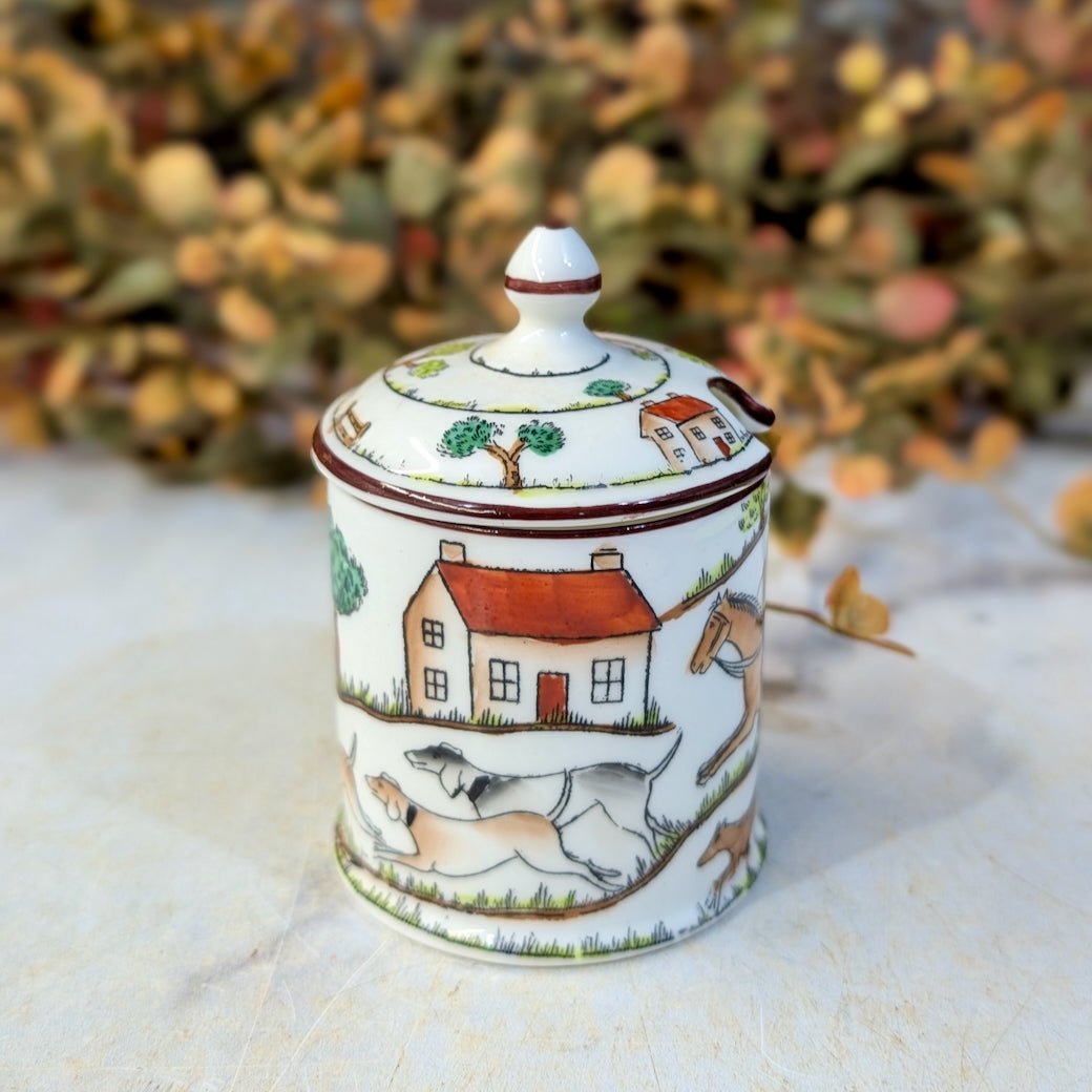Crown Staffordshire Jam or Mustard Pot with Hunting Scene - Marmalade Mercantile