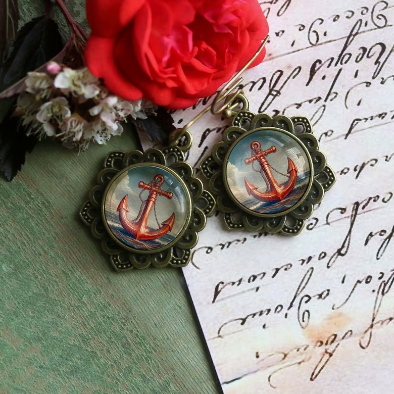 Deep Sea Anchor Earrings with Ornate Bezel for Pierced Ears - Marmalade Mercantile