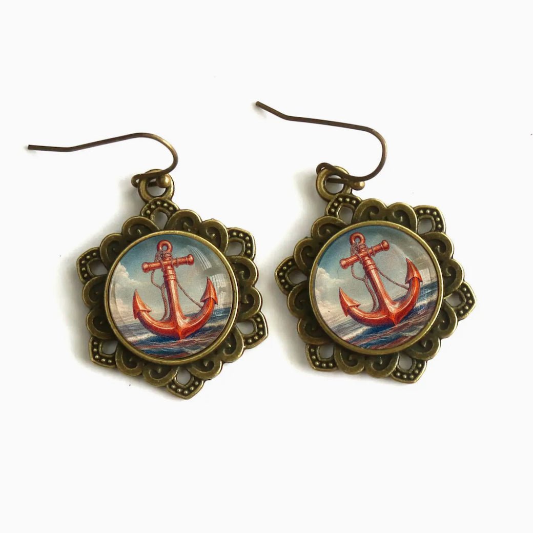Deep Sea Anchor Earrings with Ornate Bezel for Pierced Ears - Marmalade Mercantile