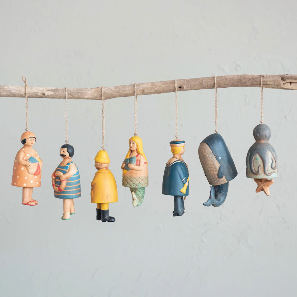 Hand-Painted Stoneware Nautical Bell w Jute Rope Hanger CHOICE of Seven Designs