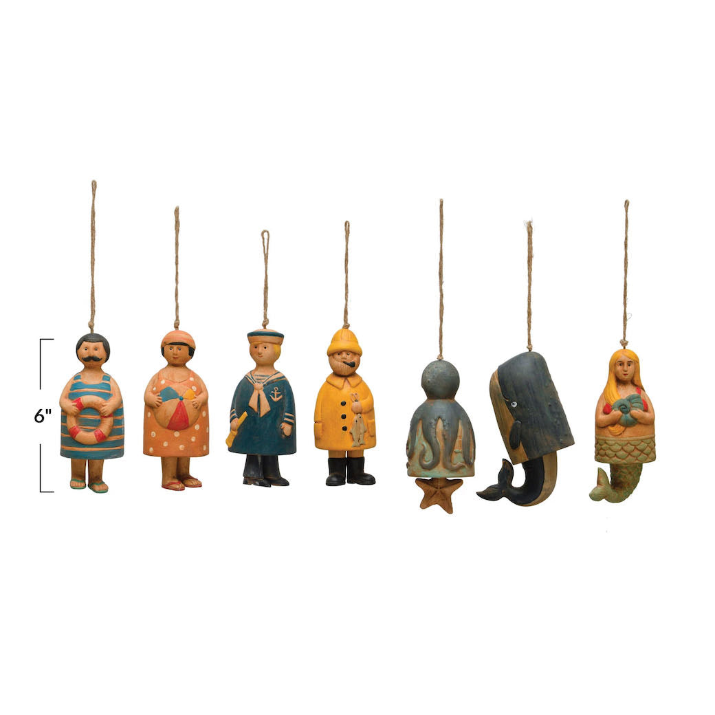 Hand-Painted Stoneware Nautical Bell w Jute Rope Hanger CHOICE of Seven Designs