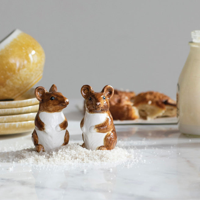 Pair of Hand-Painted Stoneware Mouse Salt & Pepper Shakers