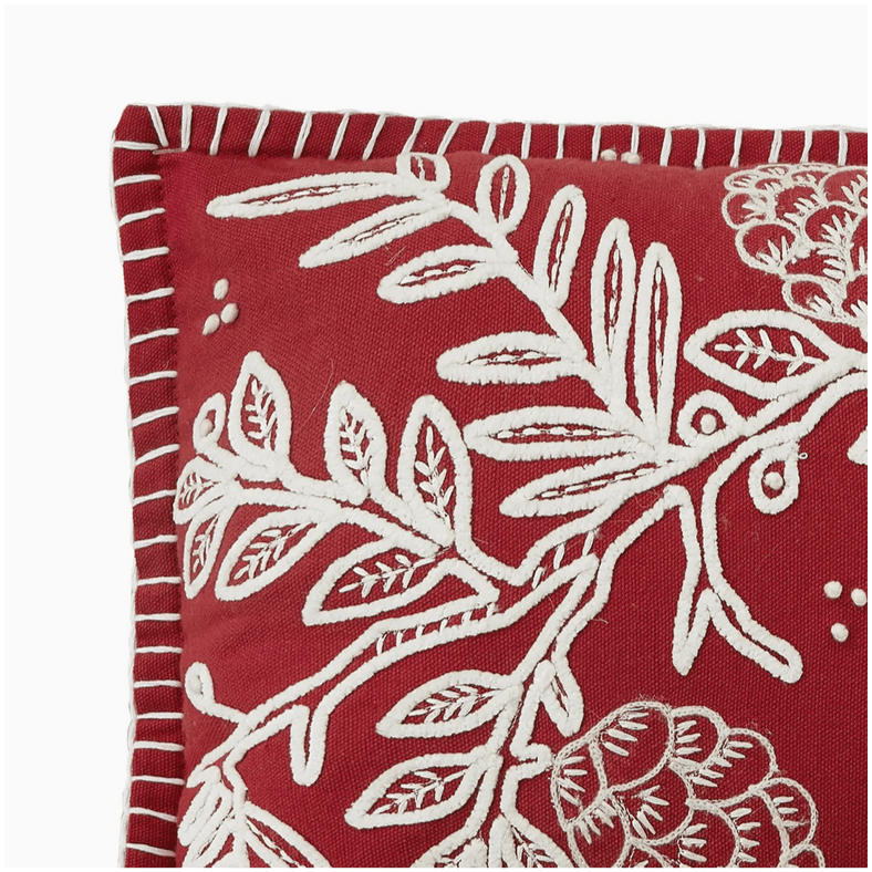 Elegant Red w White Embroidery Pillow w Folk Branch Design - Marmalade Mercantile