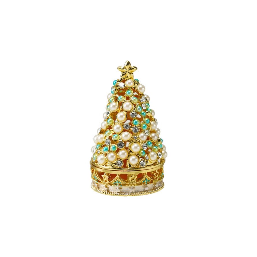Enameled Metal Christmas Tree-Shaped Bejewled Trinket Box with Stars & Faux Pearls - Marmalade Mercantile