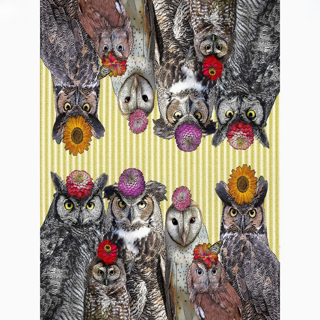 Fanciful Owls with Flower Hats Flour Sack Kitchen Towel - Marmalade Mercantile