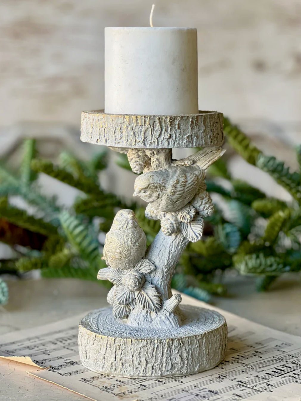 Feathered Woods Resin Pillar Candle Holder with Birds - Marmalade Mercantile
