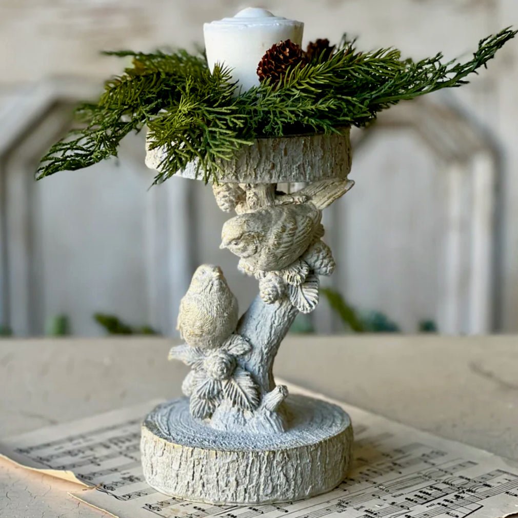 Feathered Woods Resin Pillar Candle Holder with Birds - Marmalade Mercantile