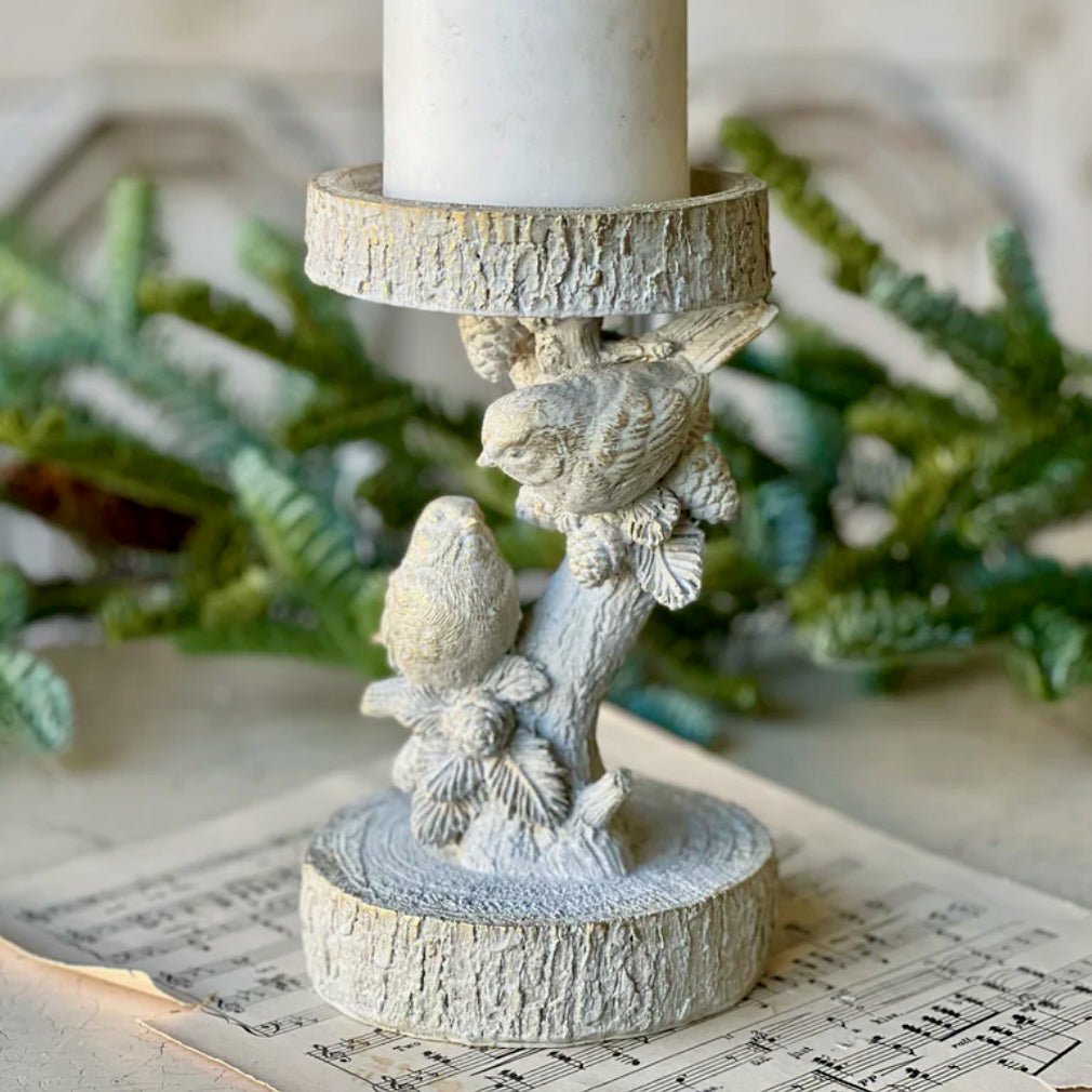 Feathered Woods Resin Pillar Candle Holder with Birds - Marmalade Mercantile