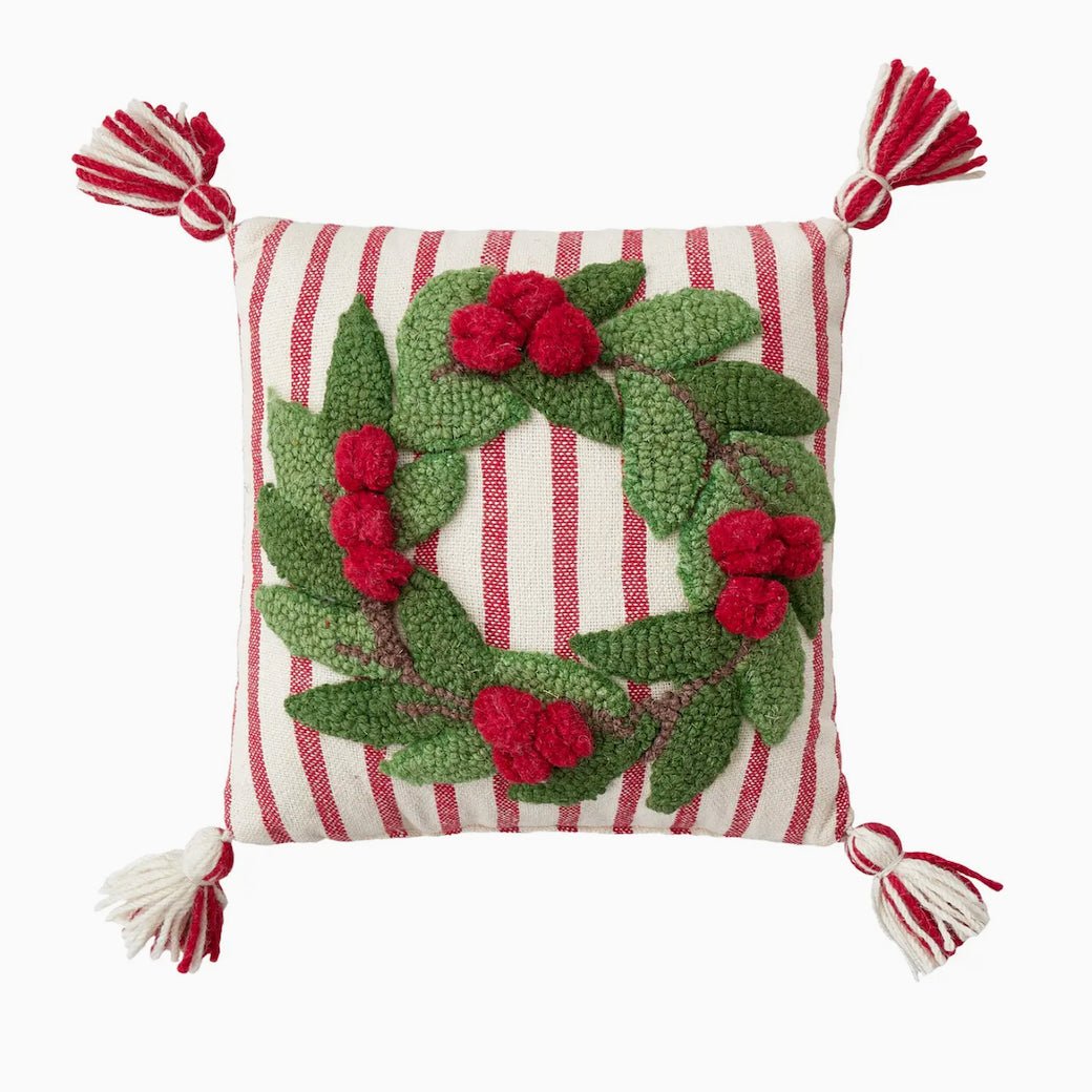 Festive Red Stripe Pillow w Hooked Rug Wreath & Tassels - Marmalade Mercantile