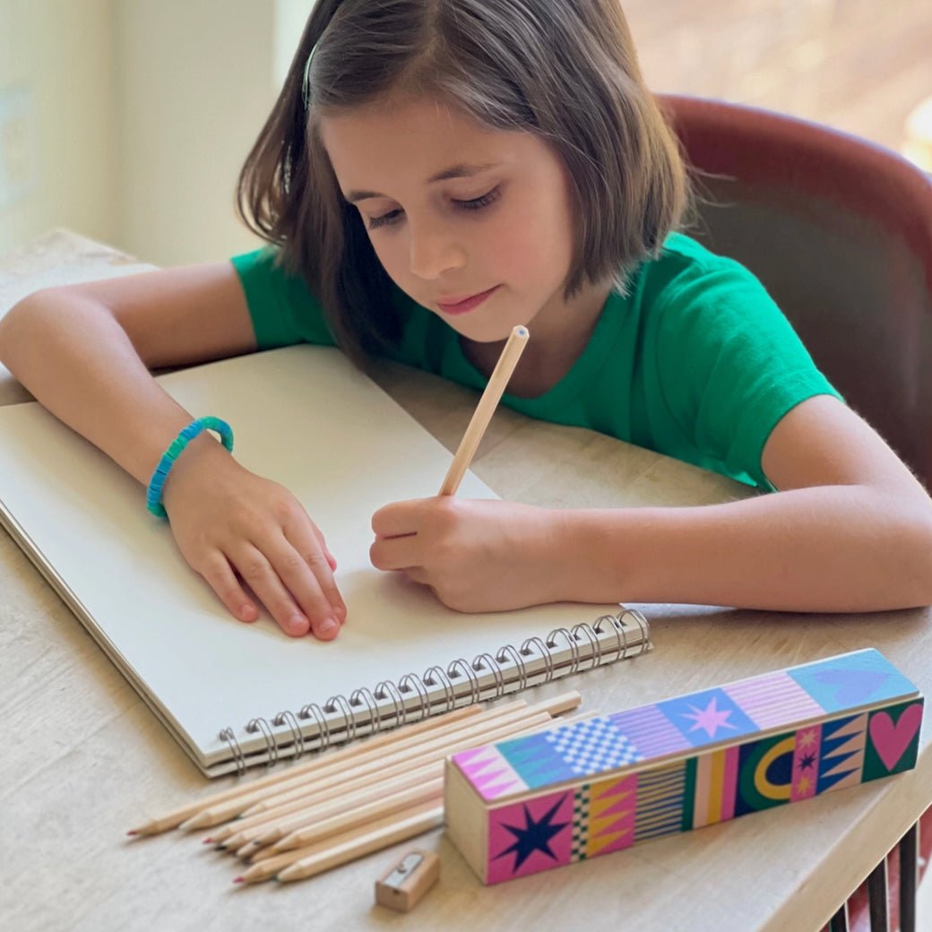 Geo Love 12 Colored Pencils in Wooden Box 2 Sharpener - Marmalade Mercantile