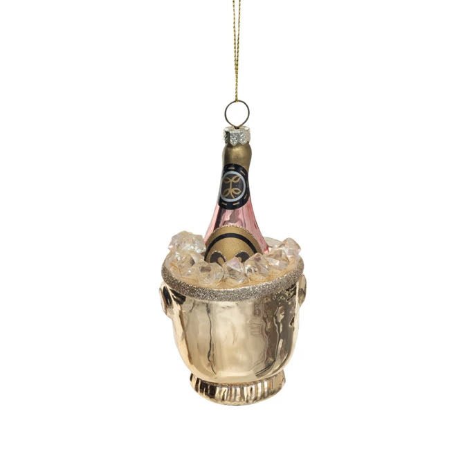Glass Ice Bucket w Pink Champagne Bottle Ornament - Marmalade Mercantile