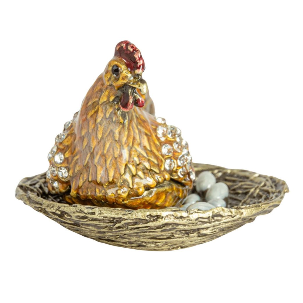 Gorgeous Enameled Metal Hen On Nest Trinket Box - Marmalade Mercantile