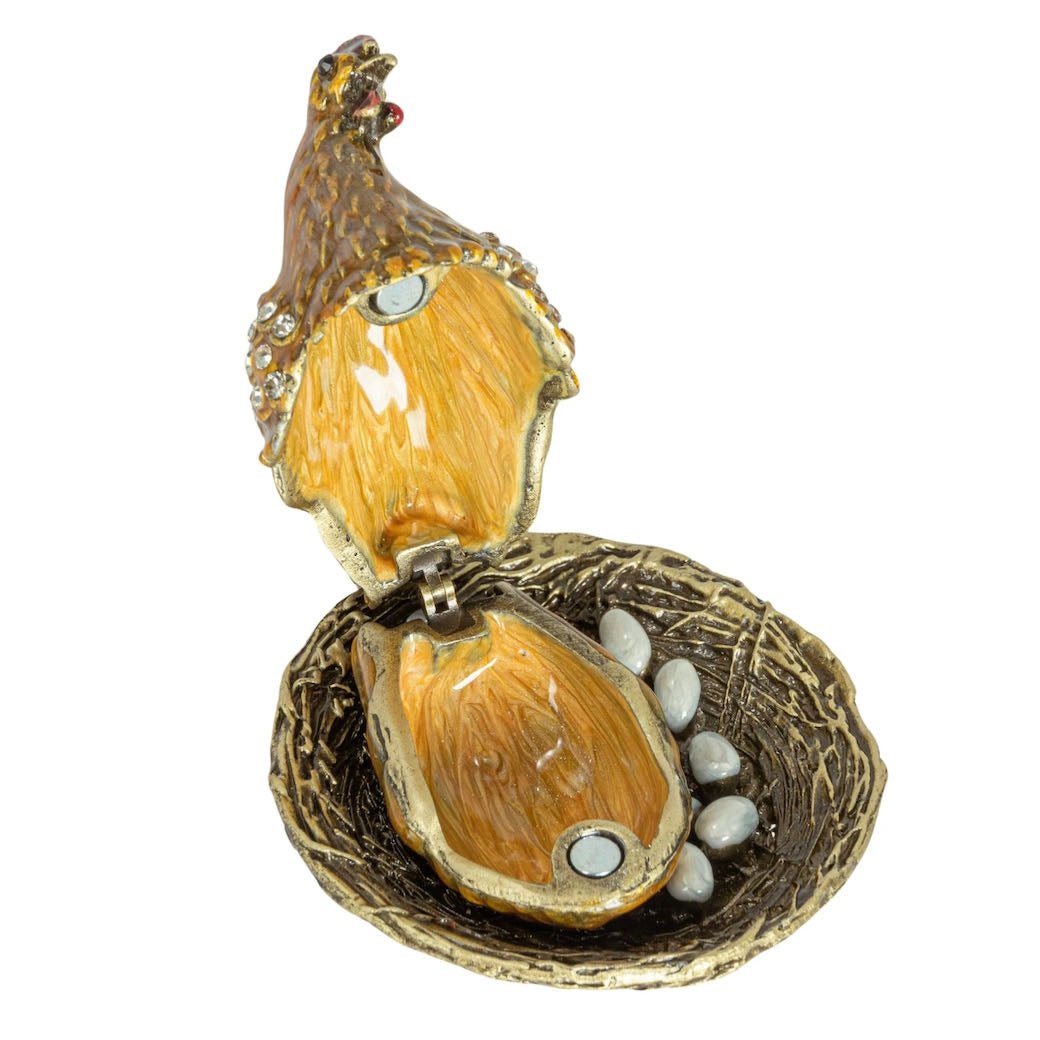 Gorgeous Enameled Metal Hen On Nest Trinket Box - Marmalade Mercantile