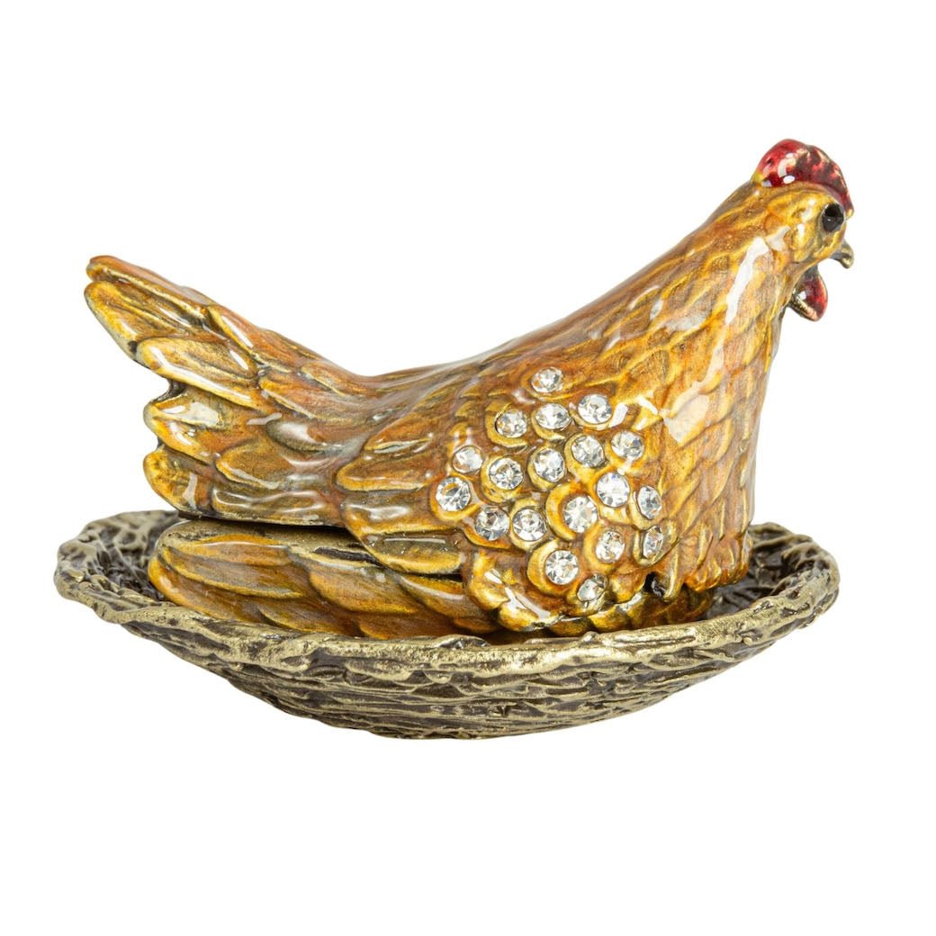 Gorgeous Enameled Metal Hen On Nest Trinket Box - Marmalade Mercantile