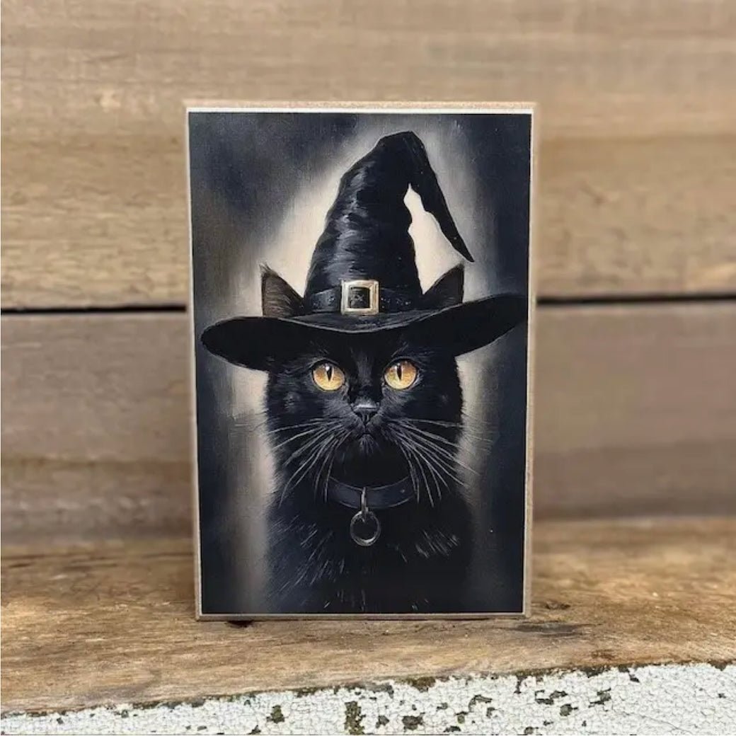 Halloween Black Cat Witch Block Sign - Marmalade Mercantile