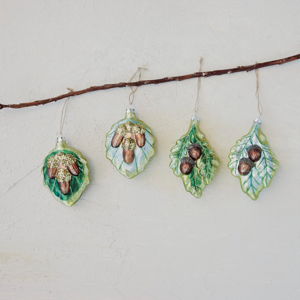 Hand-Painted Glass Leaf Ornament with Acorns & Glitter, CHOICE of Four Styles - Marmalade Mercantile