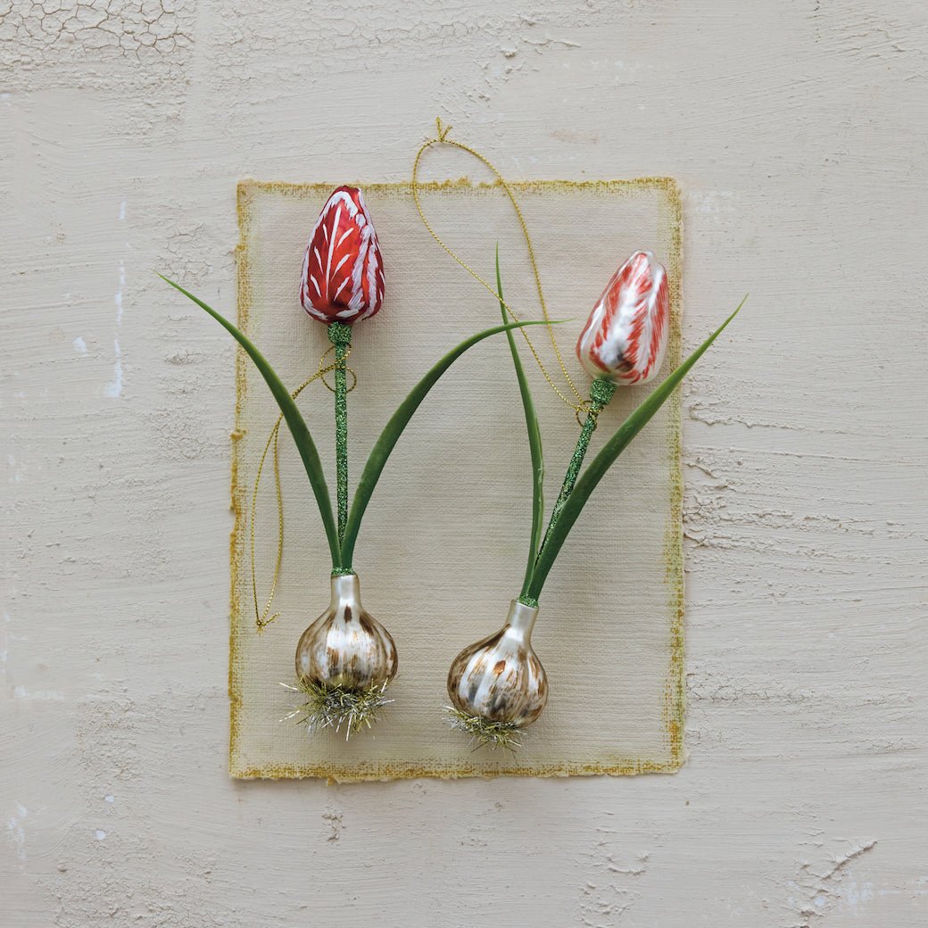 Hand-Painted Glass Tulip Bulb Ornament w Faux Leaves & Glitter, CHOICE of 2 Styles - Marmalade Mercantile