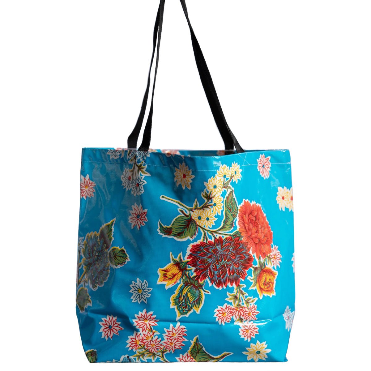 Hand - Sewn LG Oilcloth Market Tote Bag Colorful Mums on Blue - Marmalade Mercantile