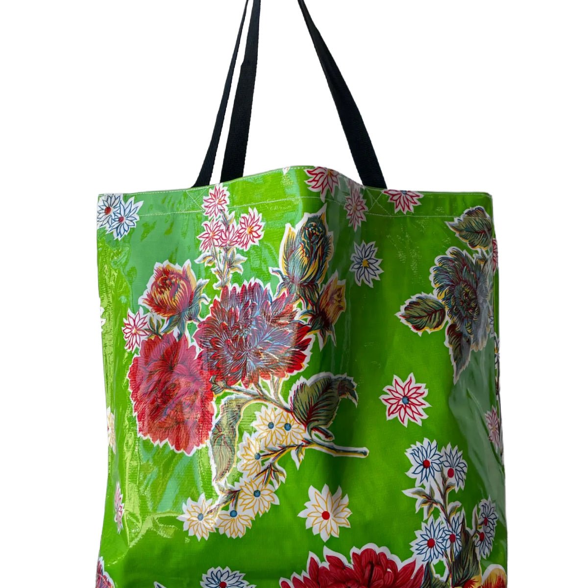 Hand - Sewn LG Oilcloth Market Tote Bag Colorful Mums on Lime Green - Marmalade Mercantile
