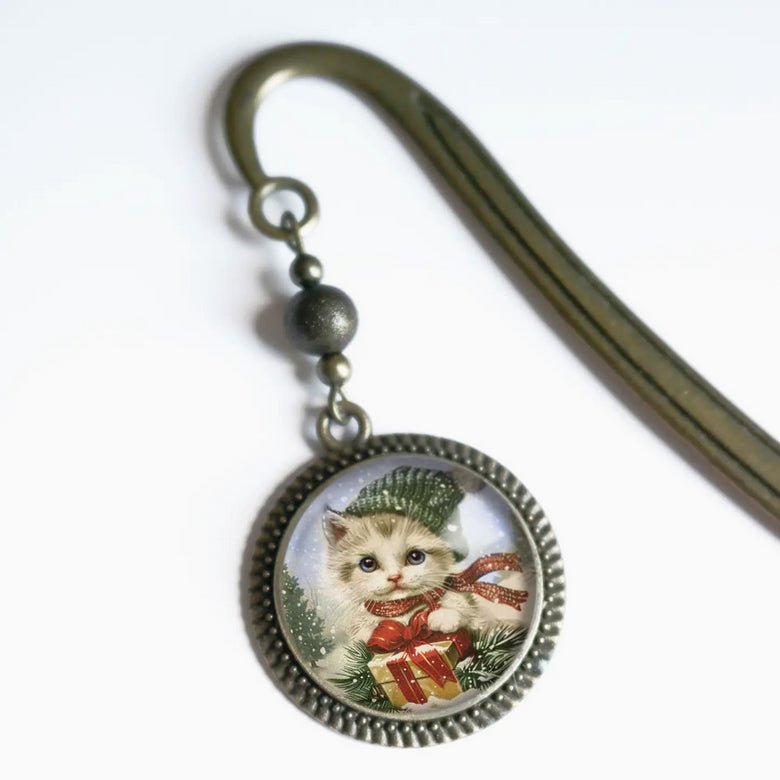 Handmade Brass Book Hook Bookmark with Dangling Christmas Kitten Cabochon - Marmalade Mercantile