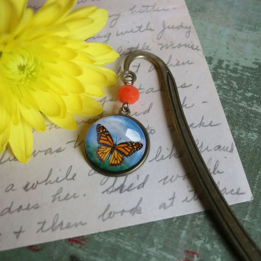 Handmade Brass Bookhook Book Mark with Dangling Monarch Butterfly Cabochon - Marmalade Mercantile
