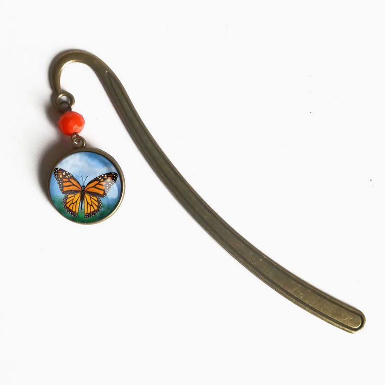 Handmade Brass Bookhook Book Mark with Dangling Monarch Butterfly Cabochon - Marmalade Mercantile