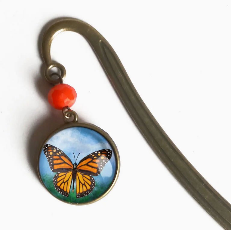 Handmade Brass Bookhook Book Mark with Dangling Monarch Butterfly Cabochon - Marmalade Mercantile