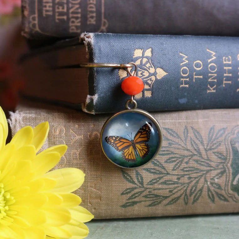 Handmade Brass Bookhook Book Mark with Dangling Monarch Butterfly Cabochon - Marmalade Mercantile