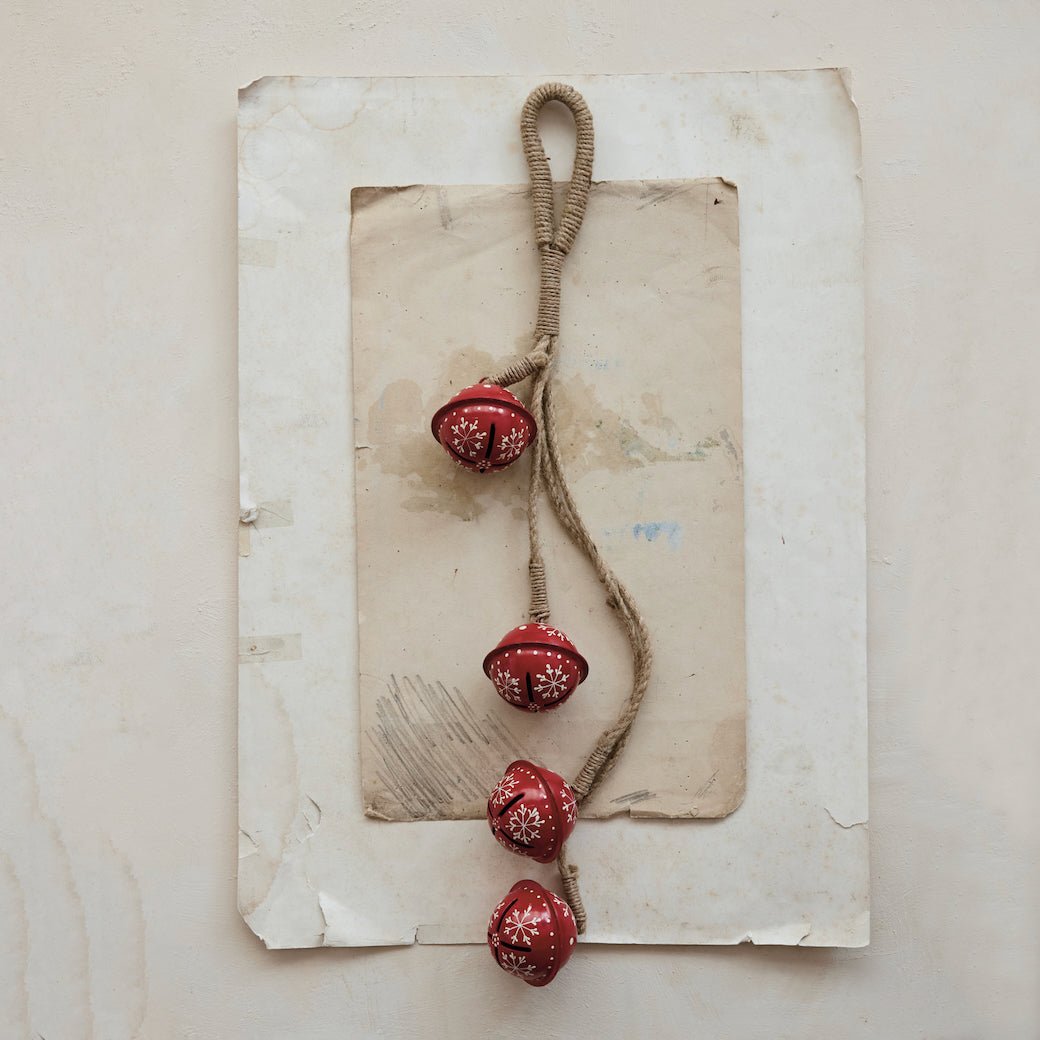 Hanging Hand-Painted Metal Jingle Bell Cluster Red & Gold with Snowflakes - Marmalade Mercantile