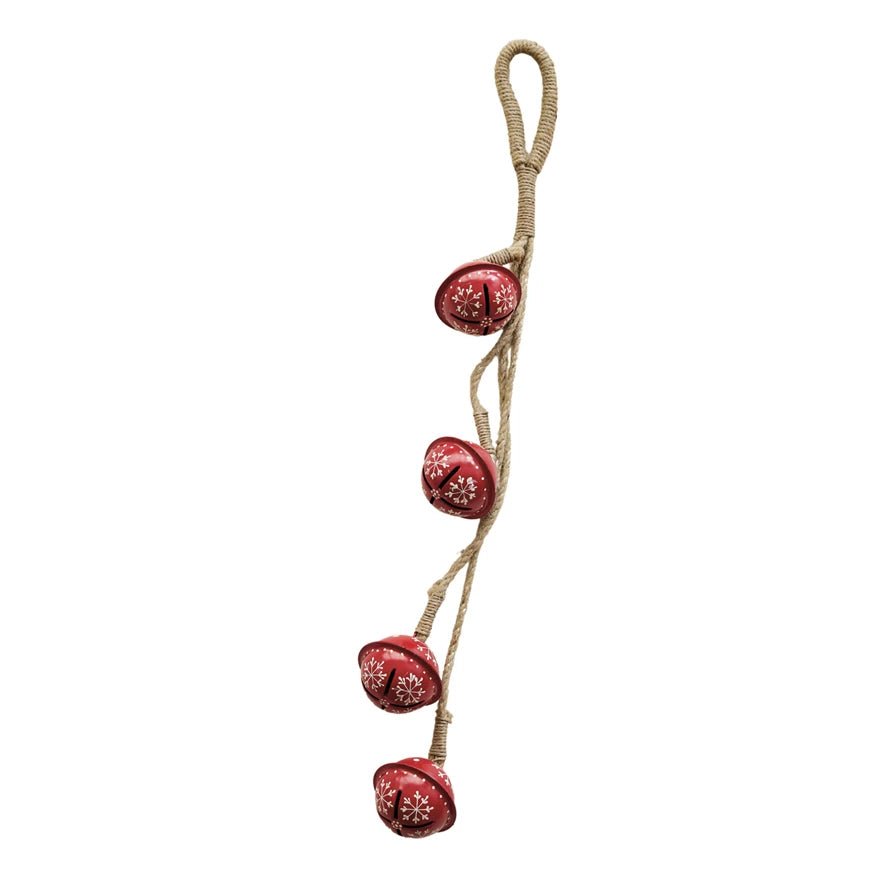Hanging Hand-Painted Metal Jingle Bell Cluster Red & Gold with Snowflakes - Marmalade Mercantile