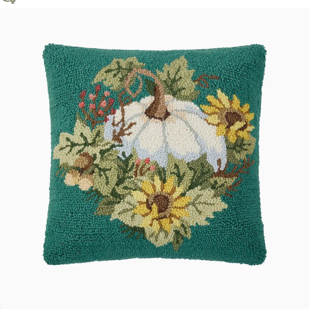 Hooked Rug Pillow White Pumpkin on Teal Background - Marmalade Mercantile