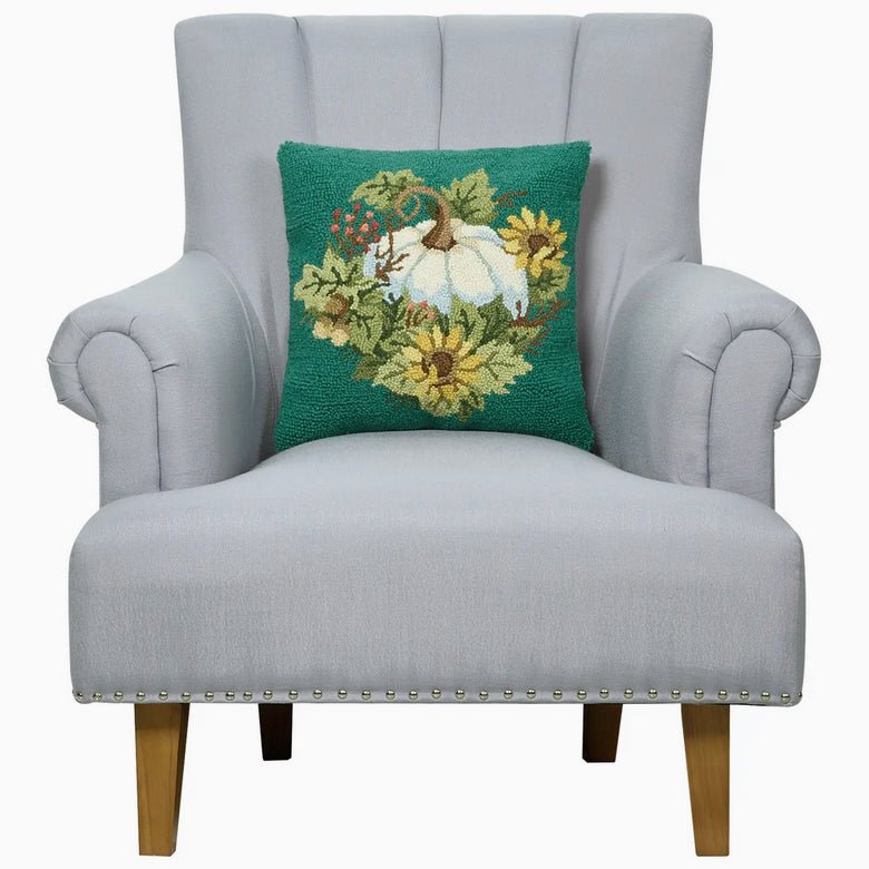 Hooked Rug Pillow White Pumpkin on Teal Background - Marmalade Mercantile