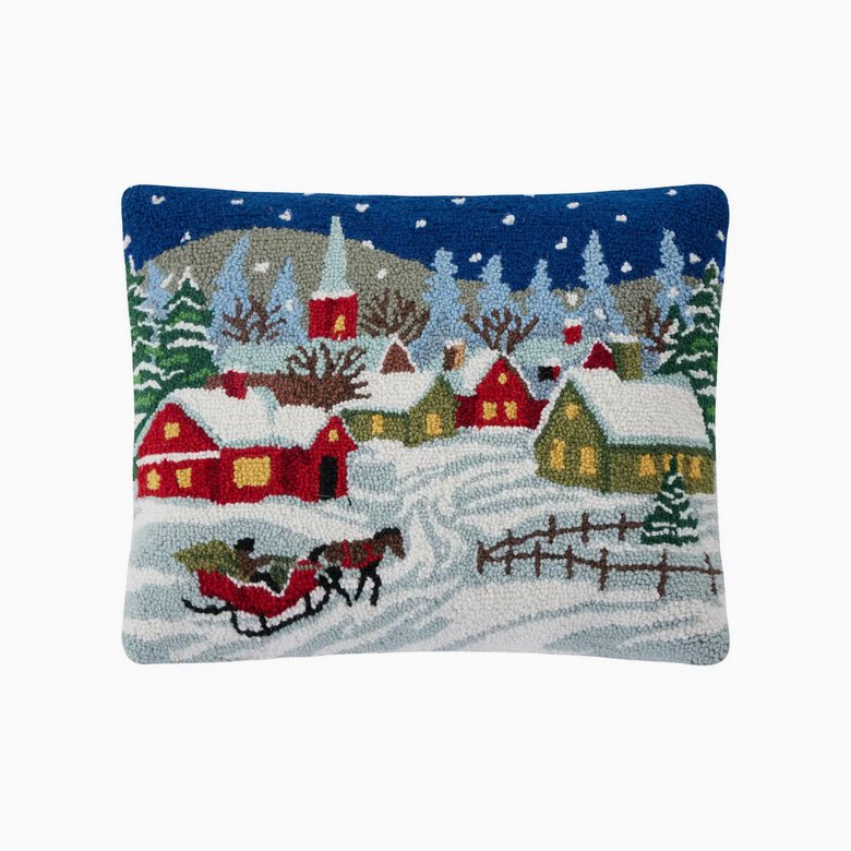 Large Hooked Rug Pillow Snowy Night Village Scene - Marmalade Mercantile
