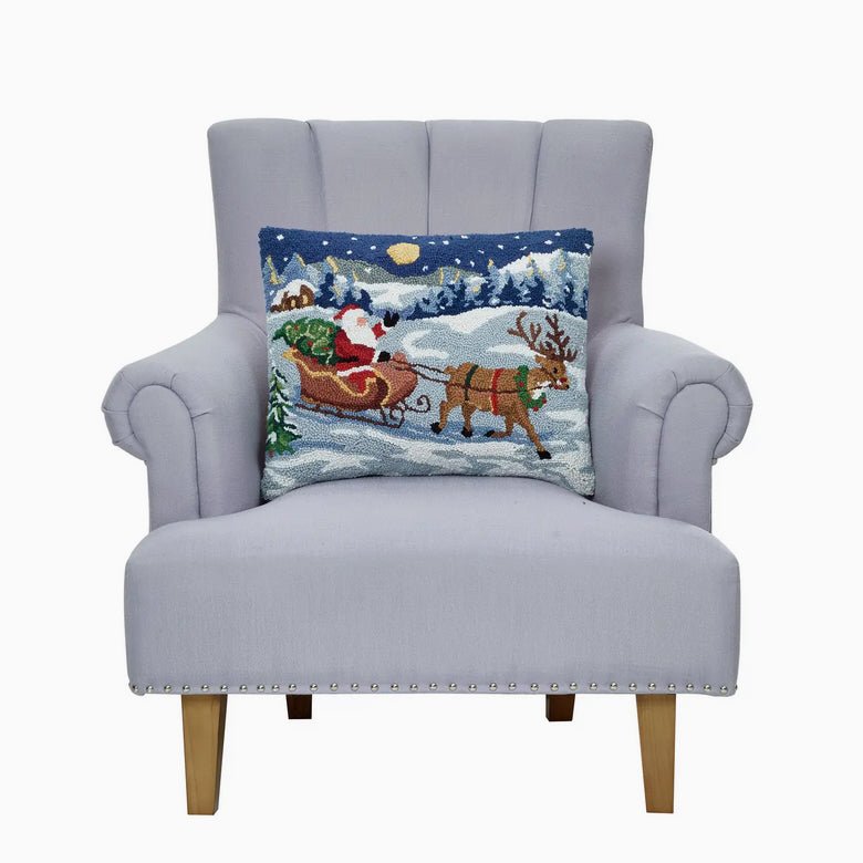 Large Hooked Rug Pillow Snowy Sleigh Ride w Santa - Marmalade Mercantile