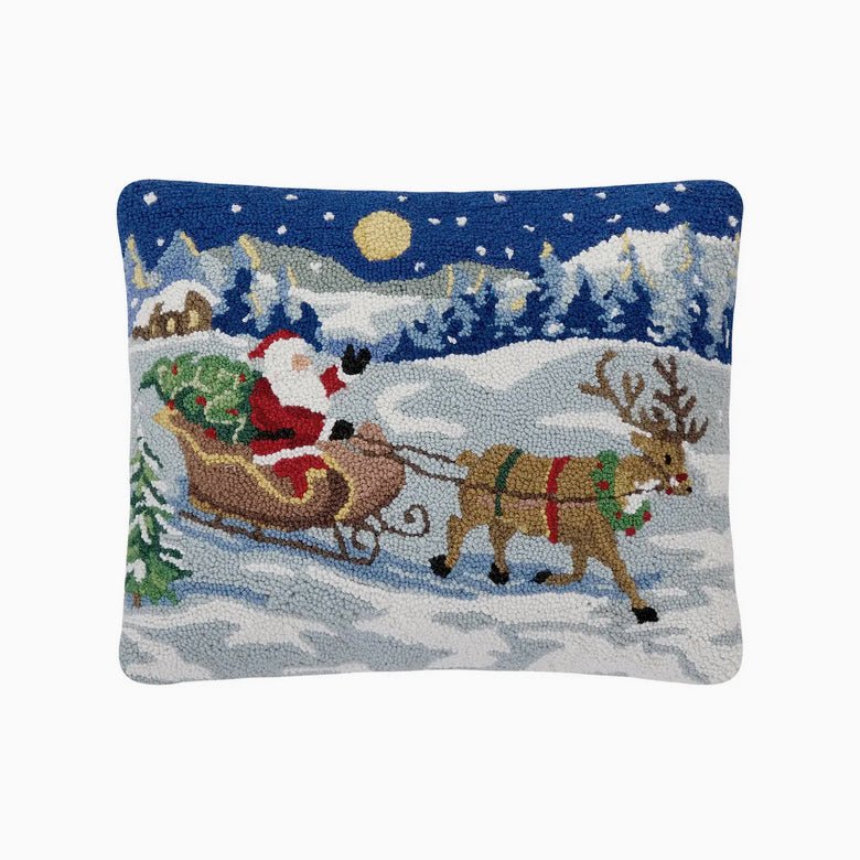 Large Hooked Rug Pillow Snowy Sleigh Ride w Santa - Marmalade Mercantile