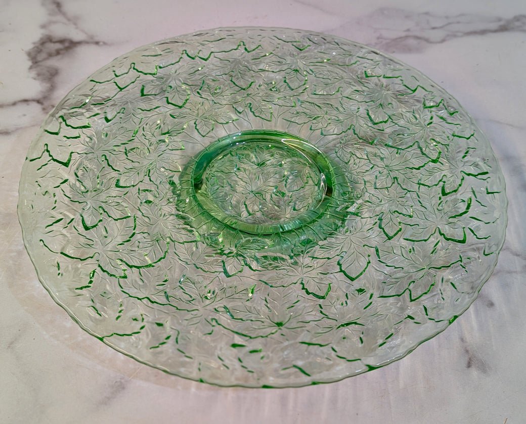 Large Vintage Uranium Glass Cake Plate Maple Leaf Pattern - Marmalade Mercantile