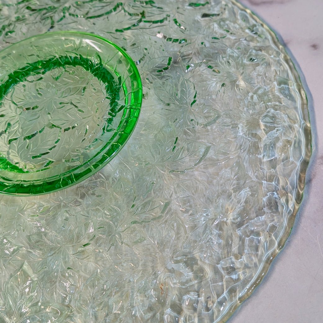 Large Vintage Uranium Glass Cake Plate Maple Leaf Pattern - Marmalade Mercantile