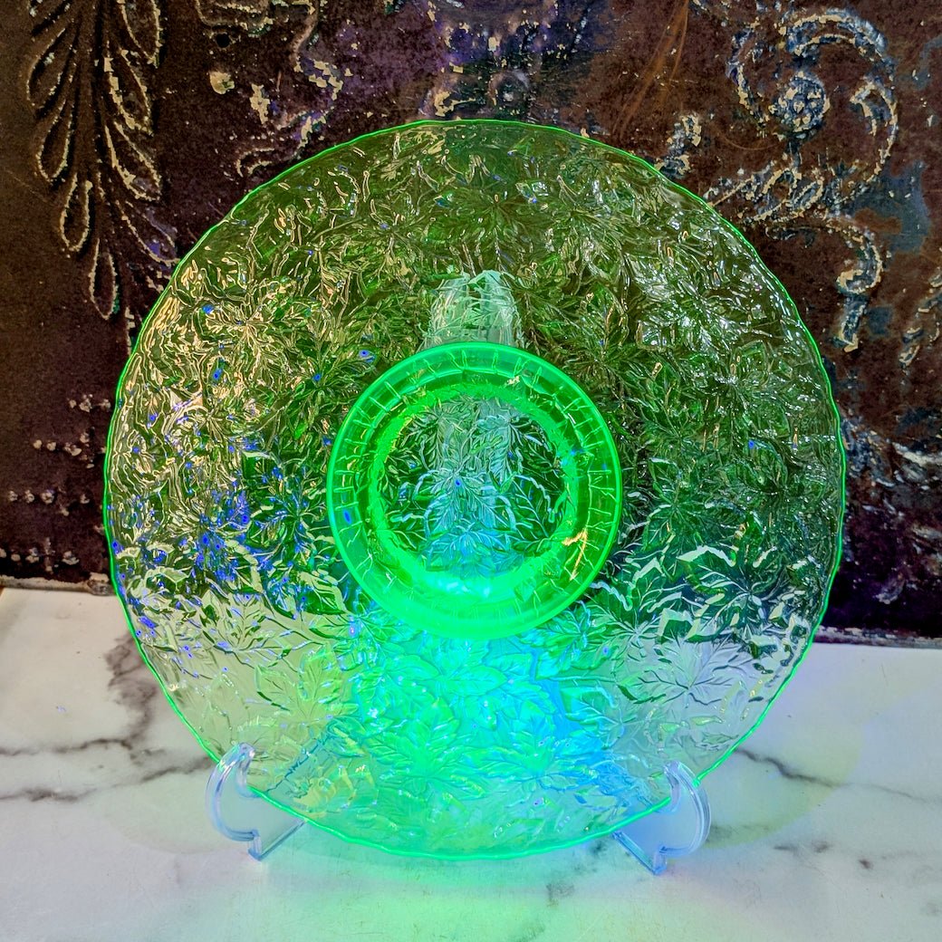 Large Vintage Uranium Glass Cake Plate Maple Leaf Pattern - Marmalade Mercantile
