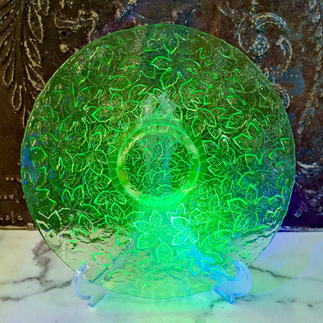 Large Vintage Uranium Glass Cake Plate Maple Leaf Pattern - Marmalade Mercantile