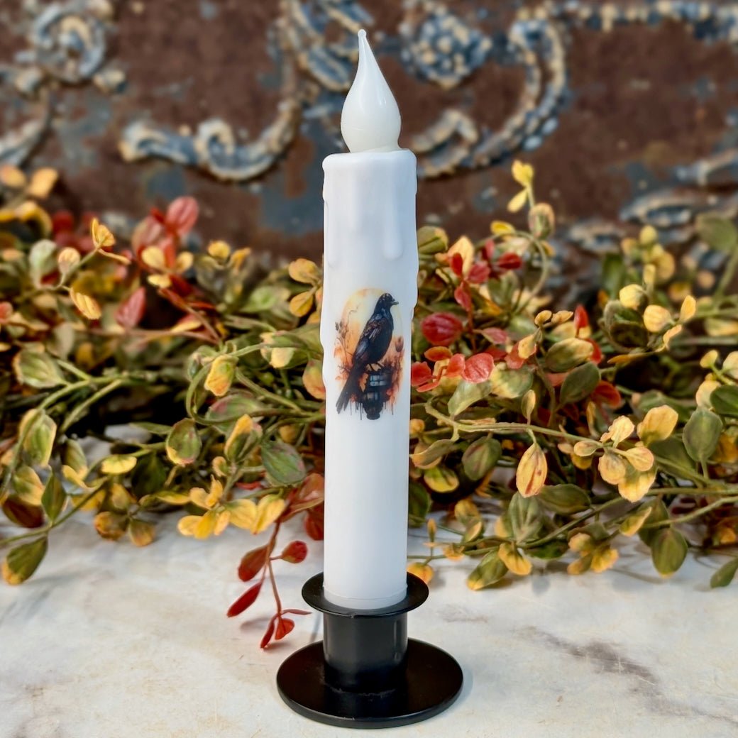 LED Battery Operated Halloween Taper Candle Raven & Full Moon - Marmalade Mercantile