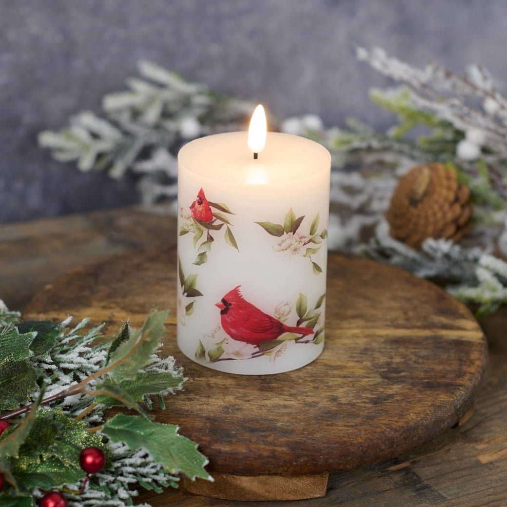 LED Battery Operated Pillar Candle w Cardinal Design - Marmalade Mercantile