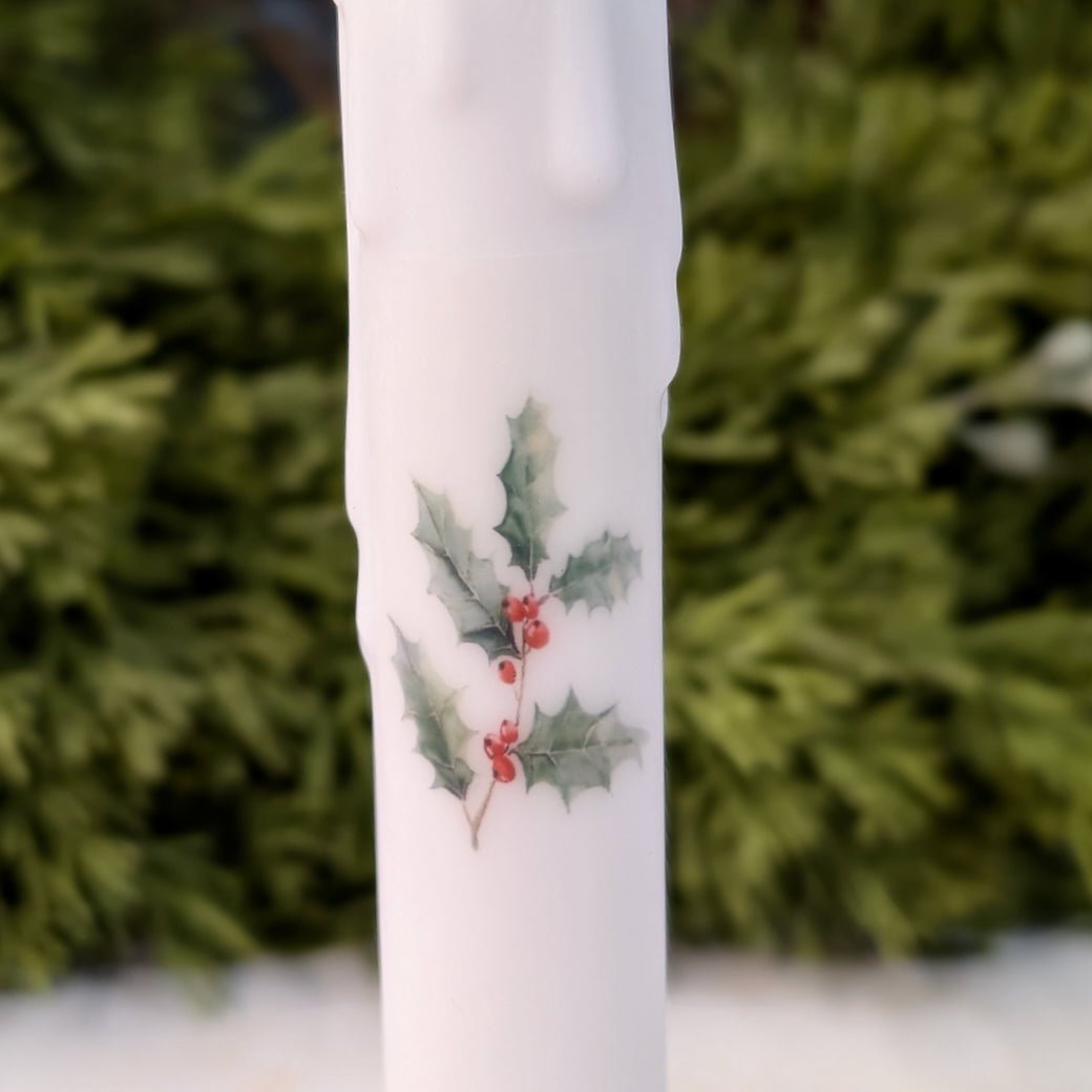 LED Battery Operated Taper Candle Christmas Holly Sprig w Red Berries - Marmalade Mercantile