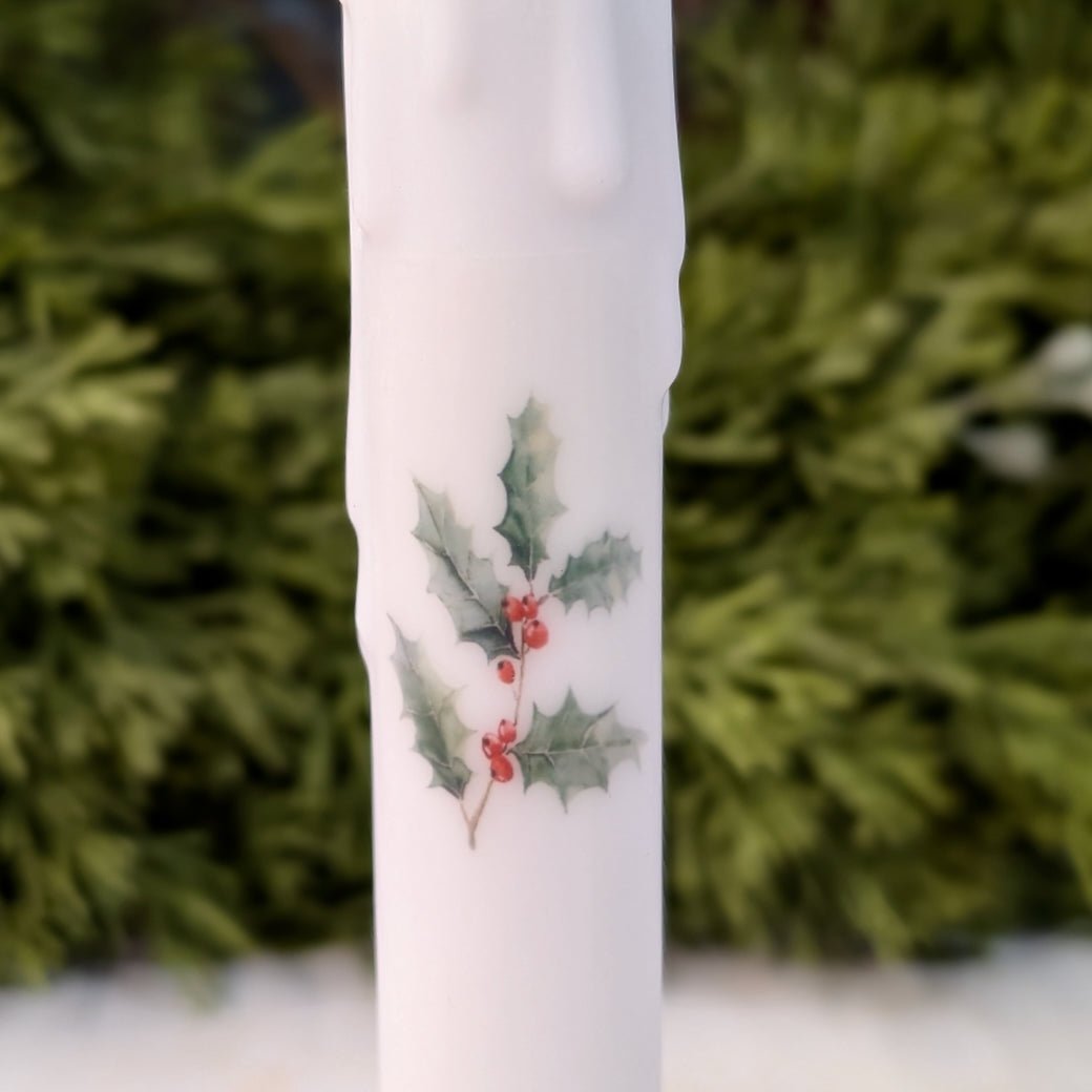 LED Battery Operated Taper Candle Christmas Holly Sprig w Red Berries - Marmalade Mercantile