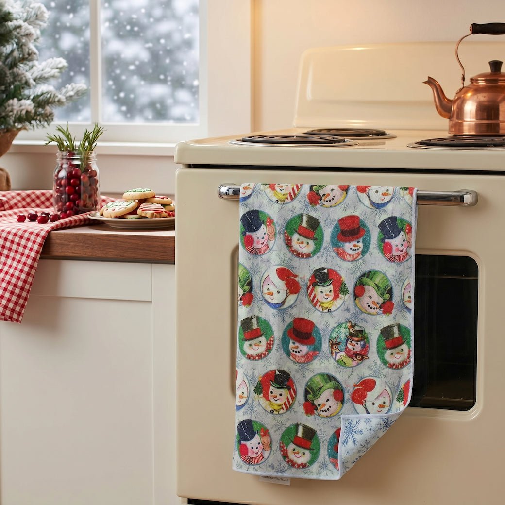 Microfiber Kitchen Towel Retro Christmas Holiday Snowmen - Marmalade Mercantile
