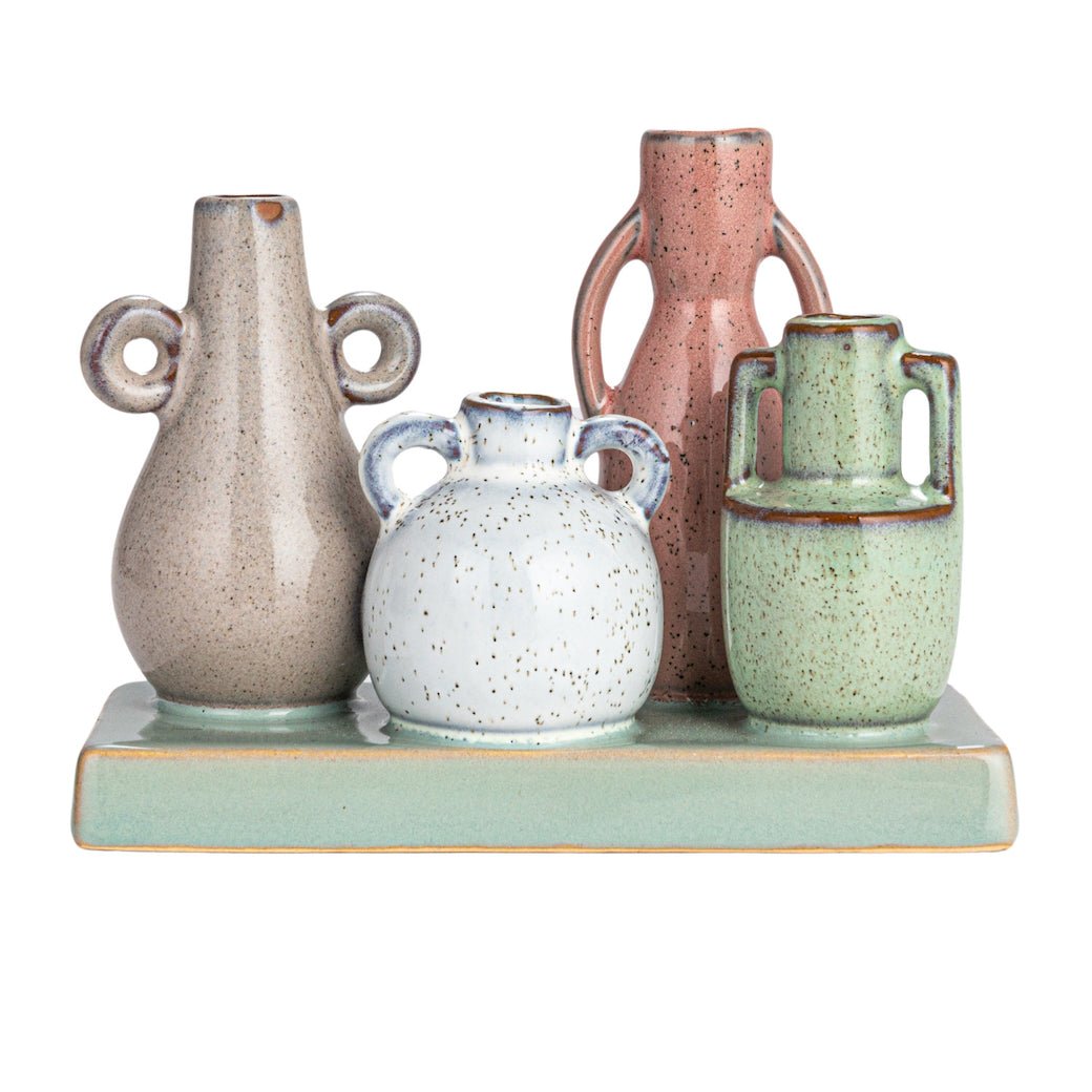 Mounted Multi - Colored Stoneware Vases with Base - Marmalade Mercantile