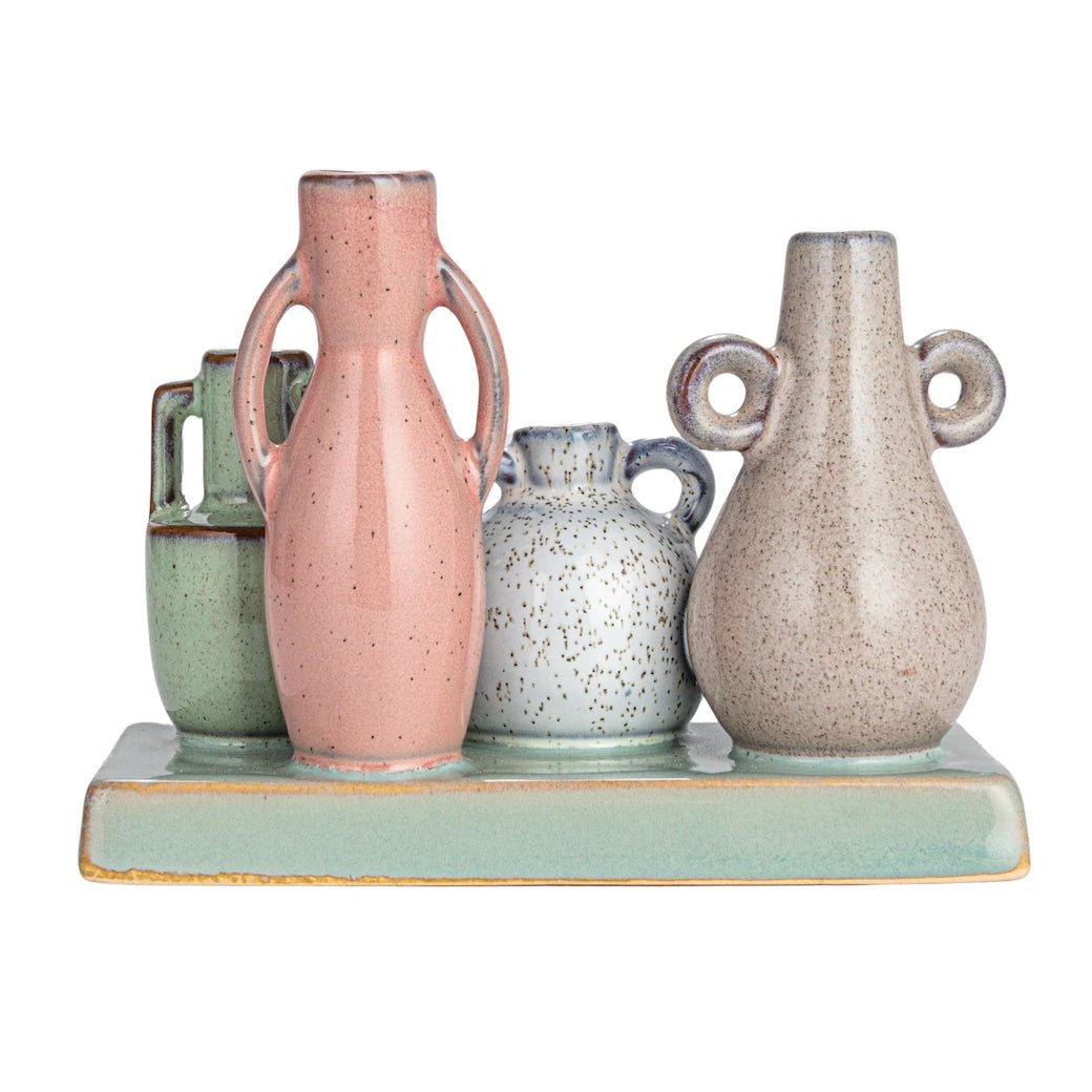 Mounted Multi - Colored Stoneware Vases with Base - Marmalade Mercantile