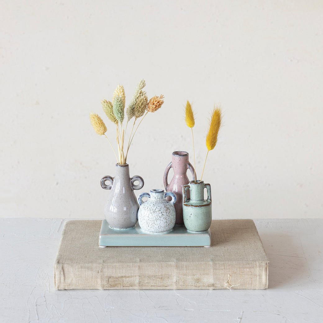 Mounted Multi - Colored Stoneware Vases with Base - Marmalade Mercantile