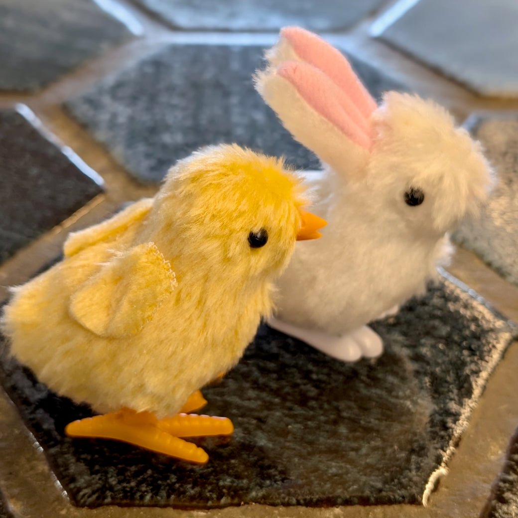 Pair of Cute Fuzzy Wind Up Toys for Easter Bunny or Chick - Marmalade Mercantile