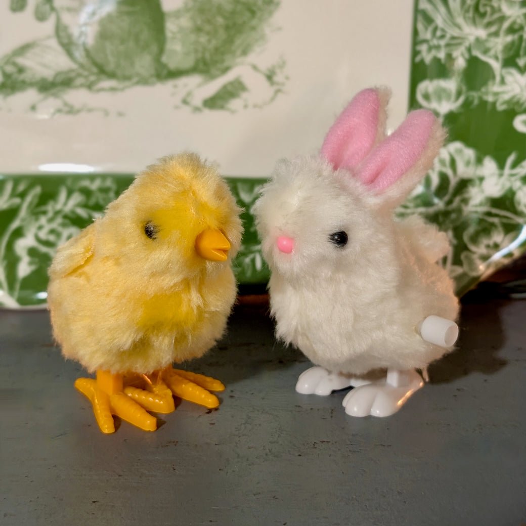 Pair of Cute Fuzzy Wind Up Toys for Easter Bunny or Chick - Marmalade Mercantile