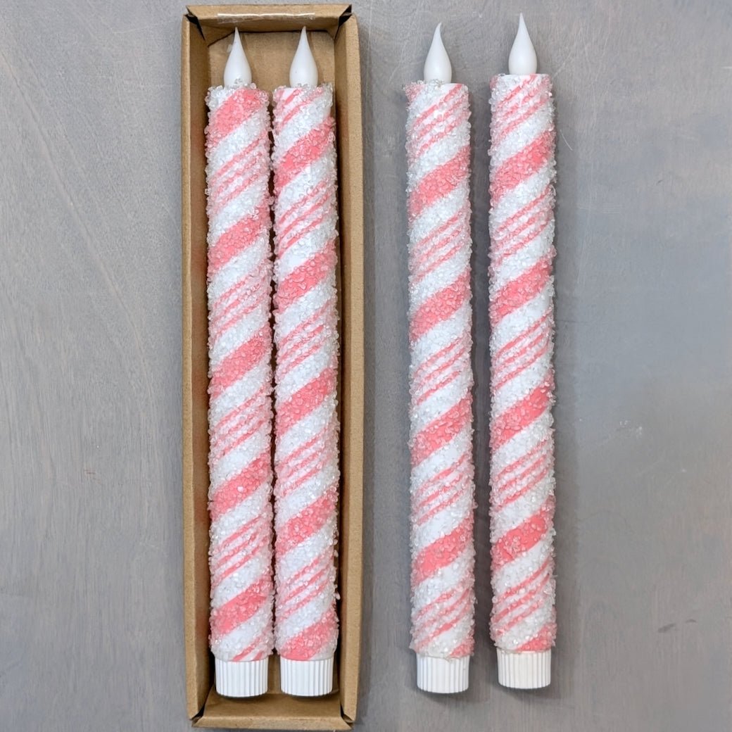 Pair of Flameless Pink Candy Cane Stripe LED Battery Operated Taper Candles - Marmalade Mercantile